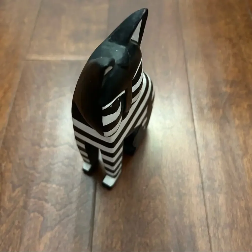 Laurel Burch Style Vintage Pair of Striped Black and White Cat Wooden Figurines